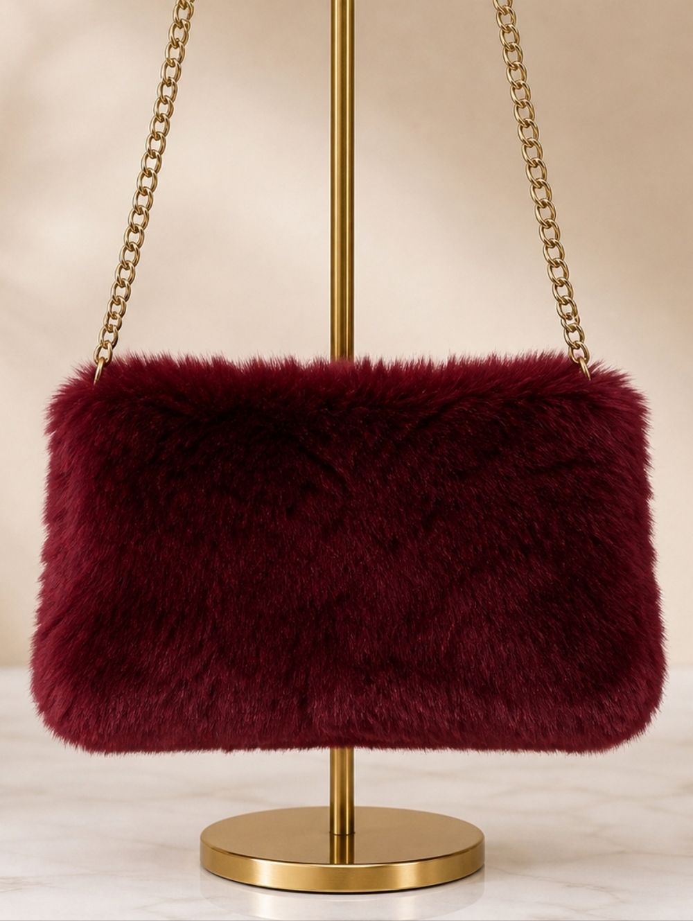 Faux Fur Crossbody Bag Burgundy Wine Gold Chain Y2K Boho Glam Clutch Mobwife